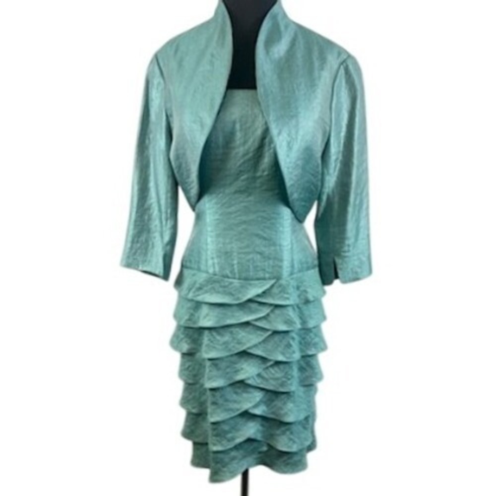 Adrianna Papell Occasions Dress & Bolero Set Tiered Ruffle Aqua Size 8